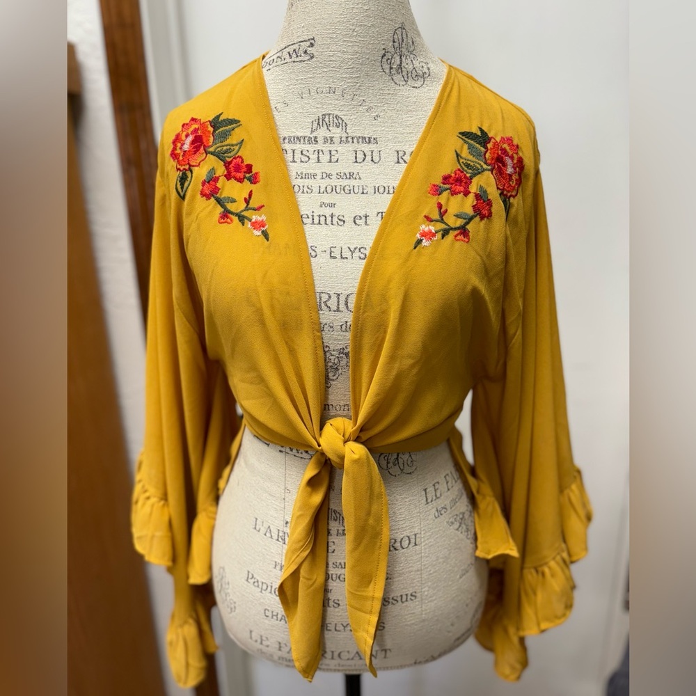Flying Tomato Mustard Yellow Floral Embroidered Crop Top